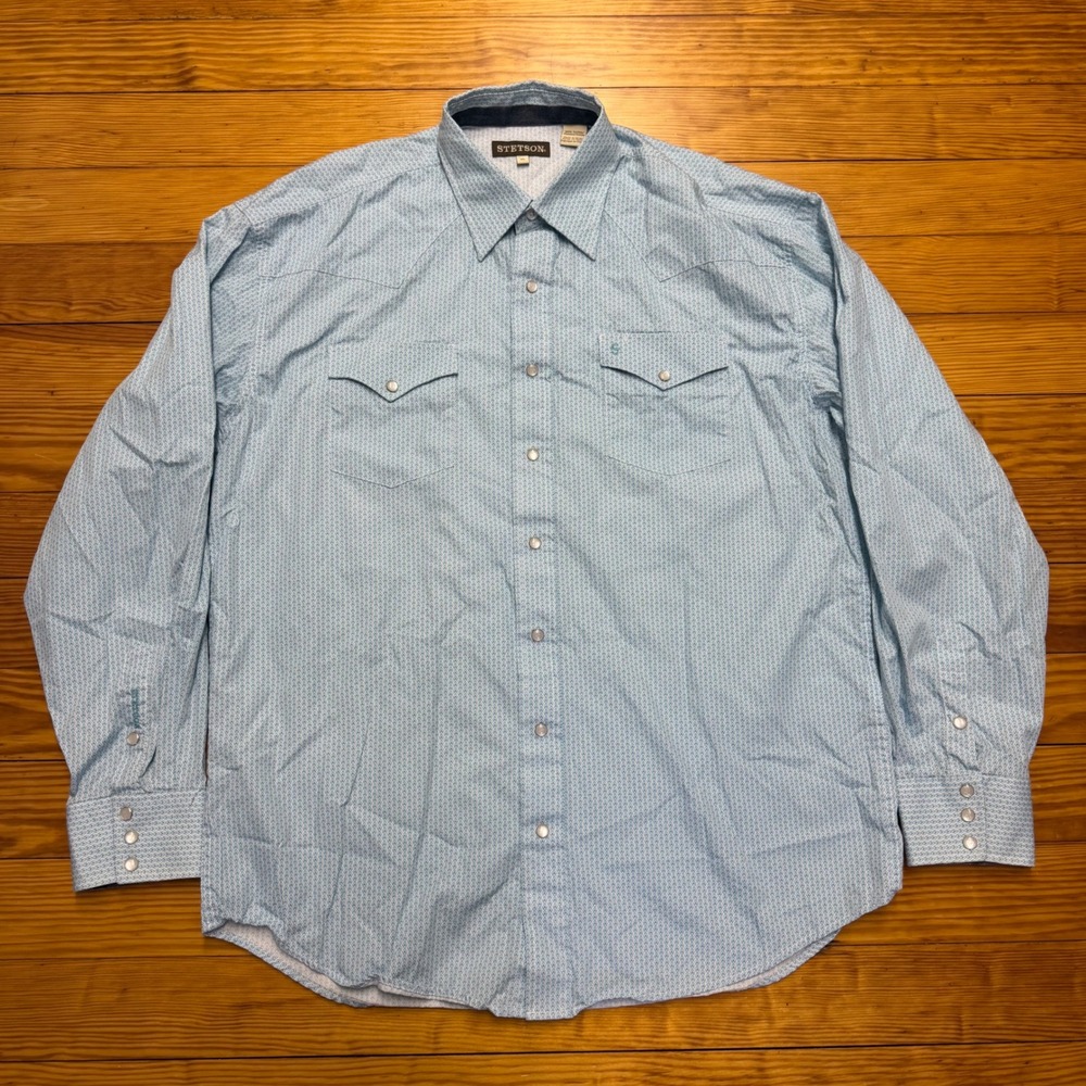 Stetson Mens XL Shirt Western Pearl Snap  Geometric Long Sleeve Blue White